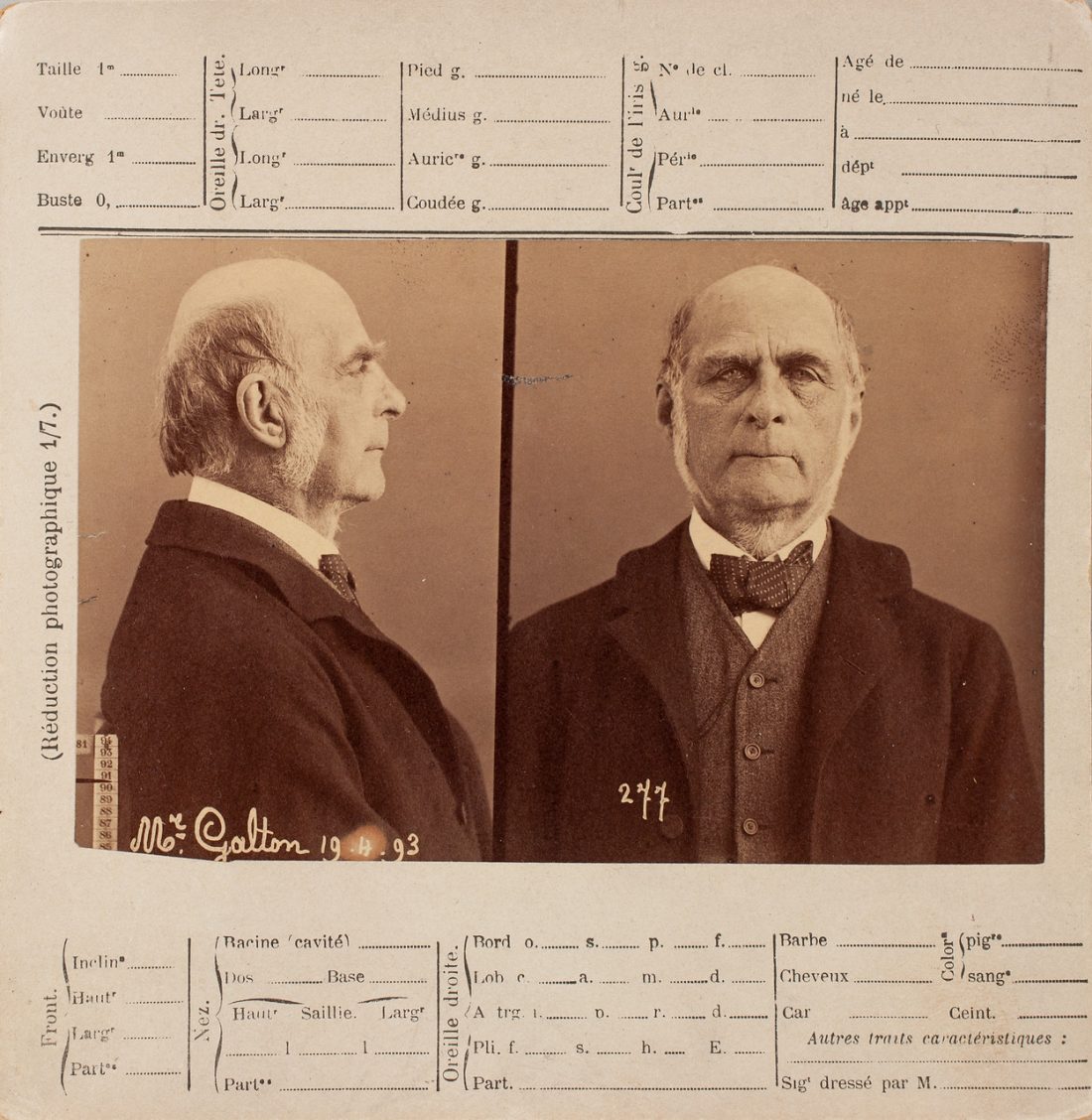 Photographs of 'father of eugenics', Francis Galton (front and profile) as a criminal. Affixed to French criminal anthropometric card which allows more details of the criminal to be taken down.