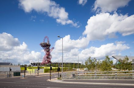 Queen Elizabeth Olympic Park, looking towards ArcelorMittal Orbit and the London Stadium