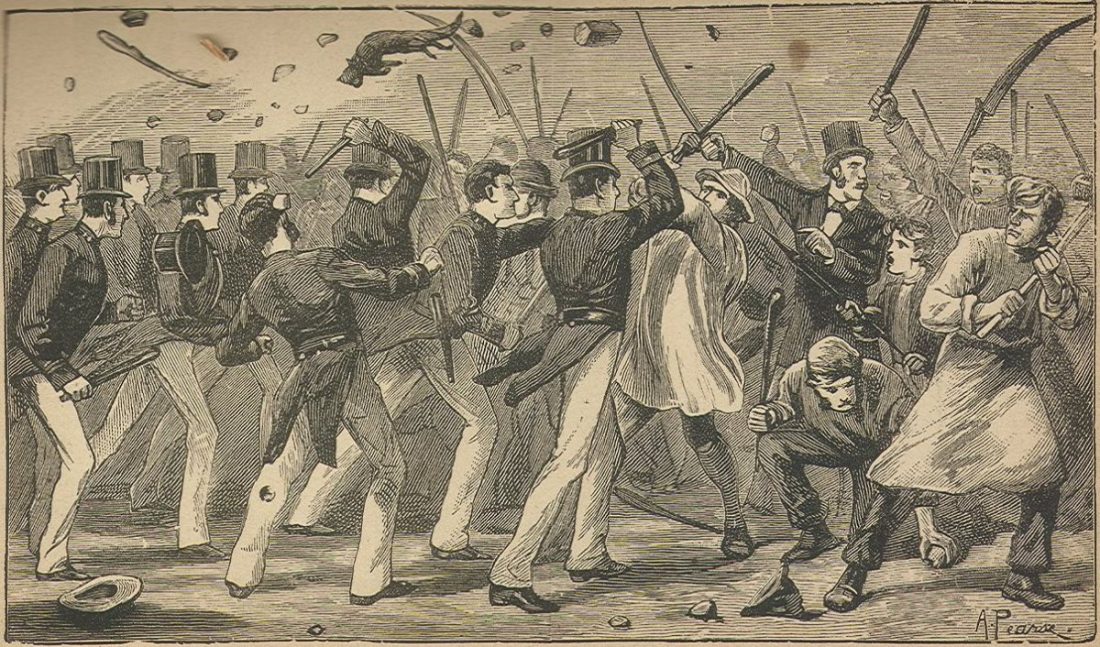 1886 engraving of a riot by members of the Chartist movement